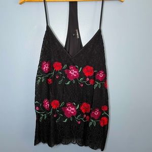 Express Flower Tank Top • Medium • Black with Red Roses • Lace • USED